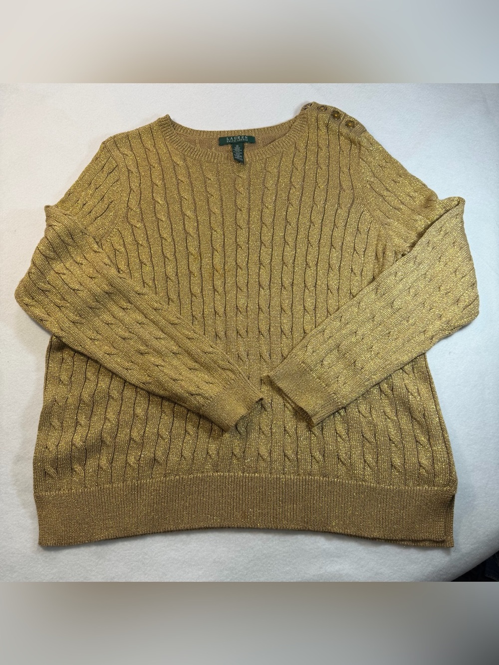 Lauren Ralph Lauren Gold Metallic Cable Knit Sweater 1X